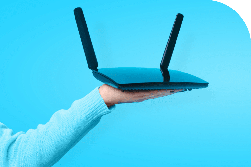 hand, blue shirt, router